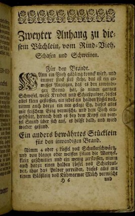 Zweyter Anhang zu diesem Büchlein, vom Rind-Vieh, Schafen und Schweinen.
