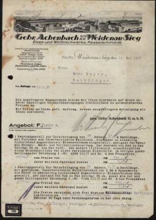 Firmenbriefkopf Achenbach (Gebr.),G.M.B.H., Weidenau/Sieg, Eisen- und Wellblechwerke