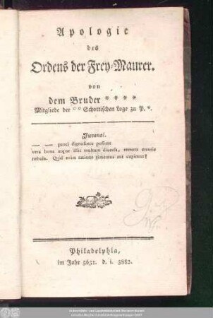 Apologie des Ordens der Frey-Maurer