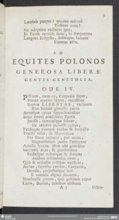 Ad Equites Polonos Generosa Liberae Gentis Genethlia. Ode IV.