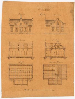Lehrerseminar, Montabaur: Turnhalle: Grundriss EG, Dach, Aufriss Vorderseite, Aufriss Seitenfassade, Längsschnitt, Querschnitt