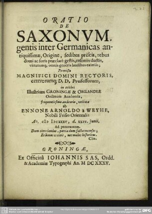 Oratio de Saxonum, gentis inter Germanicas antiquissimae ...