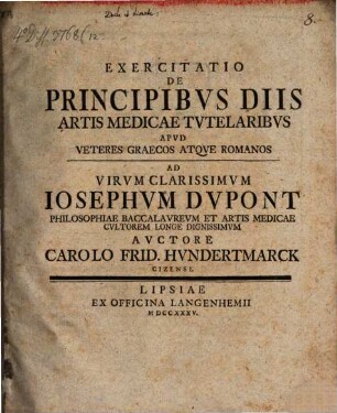 Exercitatio de principibus diis artis medicae tutelaribus apud veteres Graecos atque Romanos