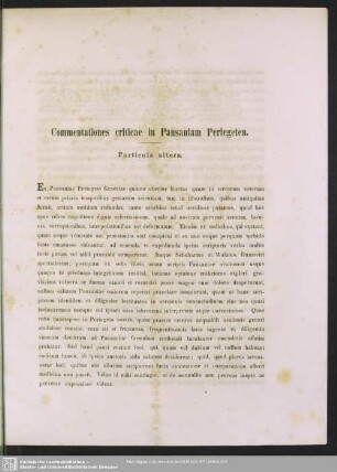 I. Commentationes criticae de quibusdam locis Pausaniae Periegetae