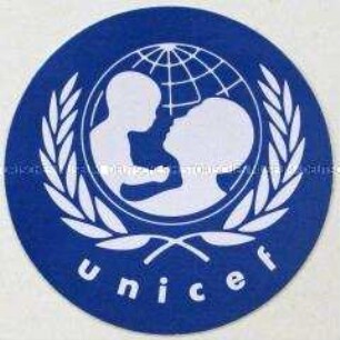 Aufkleber der Kinderhilfsorganisation der UNO (Motiv: Mutter mit Kind, Symbol der Unicef))