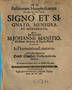 Positionum Metaphysicarum Denarius Decimus Sextus, De Signo Et Signato, Mensura Et Mensurato