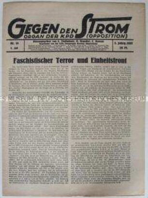 Wochenzeitung der KPD (Opposition) u.a. zum Terror der Nationalsozialisten und zur prolaterischen Einheitsfront