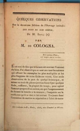 Quelques observations sur la deuxième édition de l'ouvrage intitulé des Juifs au XIXe siècle de M. Bail