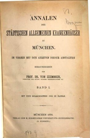 Annalen der städtischen allgemeinen Krankenhäuser zu München. 1, 1. 1865/75 (1878)