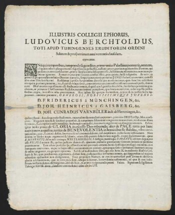 Illustris Collegii Ephorus, Ludovicus Berchtoldus, Toti Apud Tubingenses Eruditorum Ordini Salutem & prosperrimam anni vertentis clausulam apprecatur