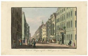 Dresden, die Schlossgasse (Schlossstraße) nach Süden, ganz rechts das Hotel de Pologne an der Ecke zur Großen Brüdergasse