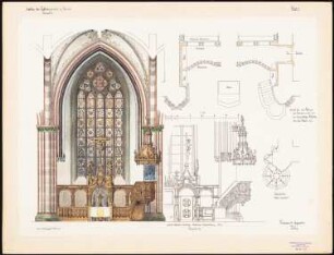 Liebfrauenkirche, Bremen Ausbau: Ansicht, Seitenansicht, Grundriss und Detail des Altarbereichs 1:33 1/3