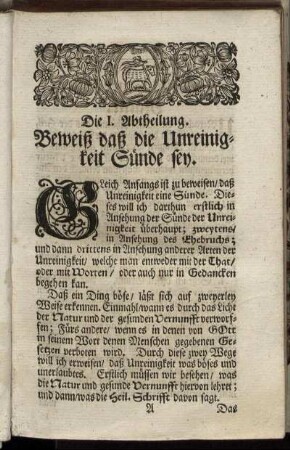 Die I. Abtheilung. Beweiß daß die Unreinigkeit Sünde sey.