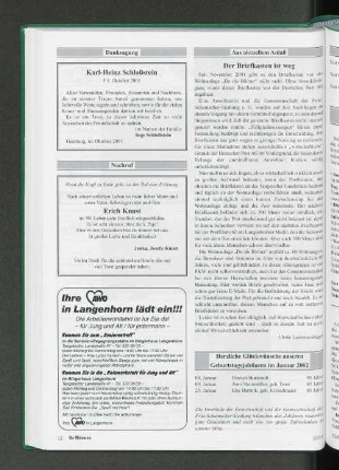 Herzliche Glückwünsche unseren Geburtstagsjubilaren im Januar 2002