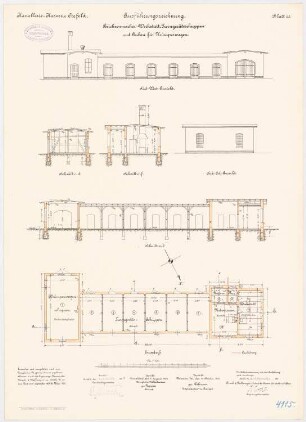 Kavallerie-Kaserne, Krefeld Büchsenmacher-Werkstatt, Turngeräteschuppen, Krümperwagen-Schuppen: Grundriss, Längsschnitt, Querschnitte, SO-Ansicht, SW-Ansicht, 1:100