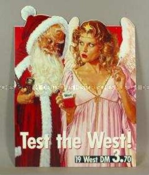 Werbeschild (beidseitig) mit Werbeaufdruck für "West"-Zigaretten (Motiv: Weihnachtsmann und Engel)