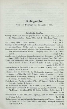 Bibliographie vom 16. Februar bis 30. April 1885.