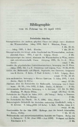 Bibliographie vom 16. Februar bis 30. April 1885.