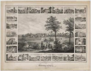 Ansichten von Leipzig , Lithographie, um 1840 : Erinnerung an Leipzig / Lith. v. C. W. Arldt. - Leipzig : Rocca ; Dresden : Braunsdorf , [um 1840]. - 25 Ansichten auf 1 Kunstbl. : Lithogr. ; Gesamtgr. 54 x 38 cm. - Ansicht von Dresden mit 24 Einzelansichten