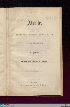 Alceste : lyrisches Trauerspiel in 3 Akten; [Textbuch]