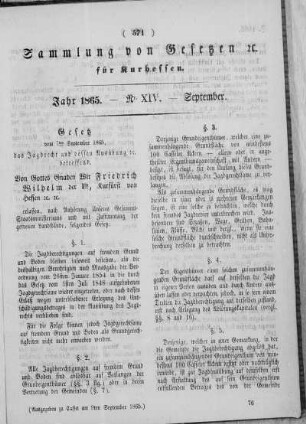 Sammlung von Gesetzen für Kurhessen. Jahr 1865. - Nr. XIV. September.