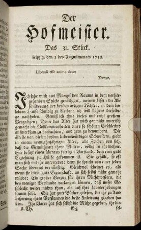 Das 31. Stück. Leipzig, den 1 des Augustmonats 1752.
