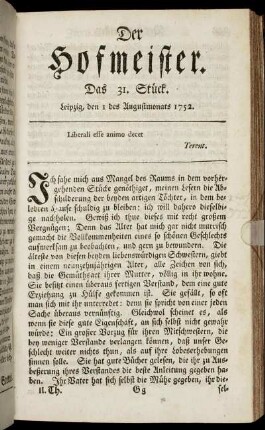 Das 31. Stück. Leipzig, den 1 des Augustmonats 1752.