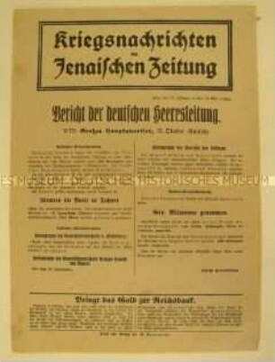 Nachrichtenblatt der "Jenaischen Zeitung" zur Erstürmung der Butte de Tahure (Champagne) durch deutsche Truppen
