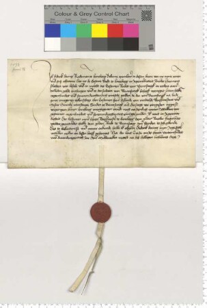 Der Ratsmann Diderik Doring bescheinigt namens des Braunschweiger Rates den Empfang von 987 rheinischen Gulden, die er dem Bruder Hermen Slichten weitergibt.