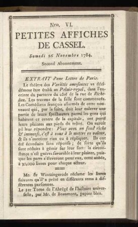 No VI (Samedi 26 [i.e. 27] Novembre 1784)
