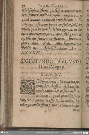 Sigismundo Augusto Duci, Megap. Epist XV.