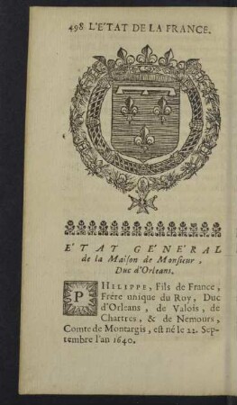 État général de la Maison de Monsieur, Duc d'Orleans.
