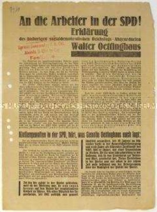 Flugblatt der KPD zum Wechsel des SPD-Mitgliedes Walter Öttinghaus in die Partei und Aufruf zum Beitritt