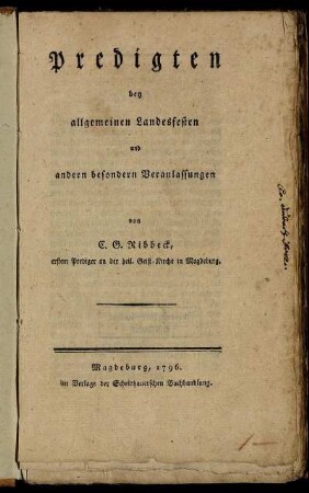Predigten bey allgemeinen Landesfesten und andern besondern Veranlassungen