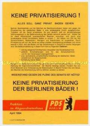 Flugblatt der Berliner PDS gegen die geplante Privatisierung der öffentlichen Bäder