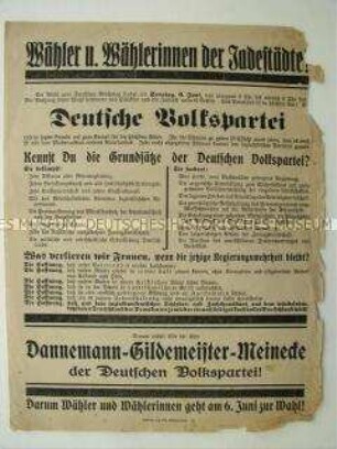 Wahlaufruf der Deutschen Volkspartei zur Reichstagswahl am 6. Juni 1920