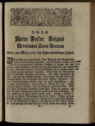 Herrn Pastor Bolzius Ordentliches Amts Diarium