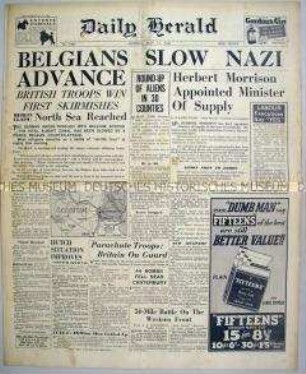 Britische Tageszeitung "Daily Herald" zum Vormarsch der deutschen Truppen in Belgien