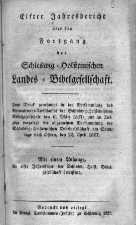 11.1827: Jahresbericht über den Fortgang der Schleswig-Holsteinischen Landes-Bibelgesellschaft