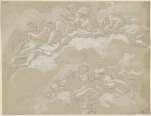Lagernde Figurengruppe mit Putten auf Wolken