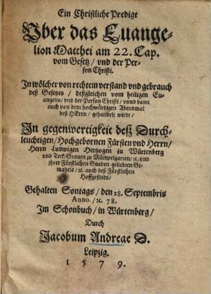 Ein Christliche Predig über Evang. Matth. 22. vom Gesetz und der Person Christi