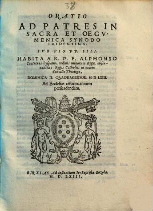 Oratio Ad Patres In Sacra Et Oecvmenica Synodo Tridentina