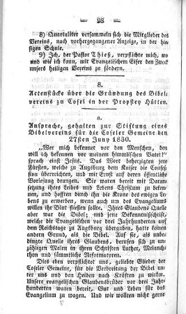 8. Actenstücke über die Gründung des Bibelvereins zu Cosel in der Propstey Hütten.