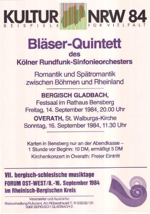 Forum Ost-West - VII. Bergisch-Schlesische Musiktage - Bläser-Quintett des Kölner Rundfunksinfonieorchesters: Romantik und Spätromantik zwischen Böhmen und Rheinland