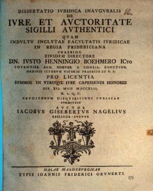 Diss. iur. inaug. de iure et auctoritate sigilli authentici
