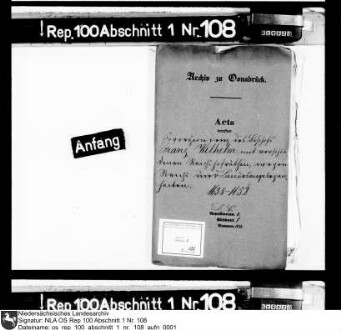 Korrespondenz Bischof Franz Wilhelms mit verschiedenen Reichshofräten wegen Reichs- und Landesangelegenheiten Enthält u.a.: Korrespondenz mit Graf von Trauttmansdorff, Graf von Schlick, Freiherr von der Recke, Johann Nothaft; Namensliste von Reichshofräten; Korrespondenz mit den kaiserlichen Gesandten Isaac Volmar und Johann Krane; Rezeß über Beendigung der Besatzung in Frankental und Heilbronn (1652)