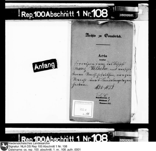 Korrespondenz Bischof Franz Wilhelms mit verschiedenen Reichshofräten wegen Reichs- und Landesangelegenheiten Enthält u.a.: Korrespondenz mit Graf von Trauttmansdorff, Graf von Schlick, Freiherr von der Recke, Johann Nothaft; Namensliste von Reichshofräten; Korrespondenz mit den kaiserlichen Gesandten Isaac Volmar und Johann Krane; Rezeß über Beendigung der Besatzung in Frankental und Heilbronn (1652)