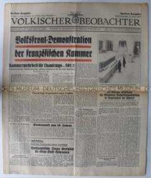Tageszeitung "Völkischer Beobachter" u.a. zur Regierungsbildung in Frankreich und zur Eröffnung der Architekturausstellung in München
