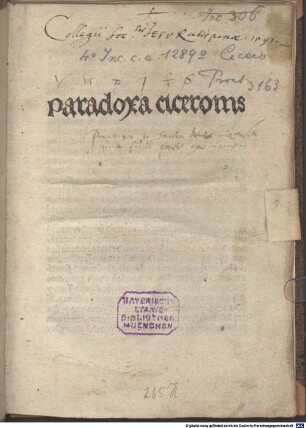 Paradoxa Stoicorum : mit Gedicht an den Leser von der Sodalitas litteraria Danubiana
