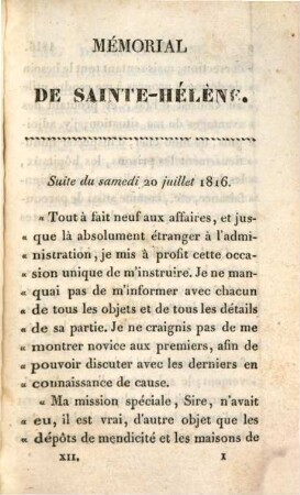 Mémorial de Sainte-Hélène : ou Journal ou se trouve consigné, jour par jour, ce qu'a dit et fait Napoléon durant dix-huit mois. 12. - 250 S.